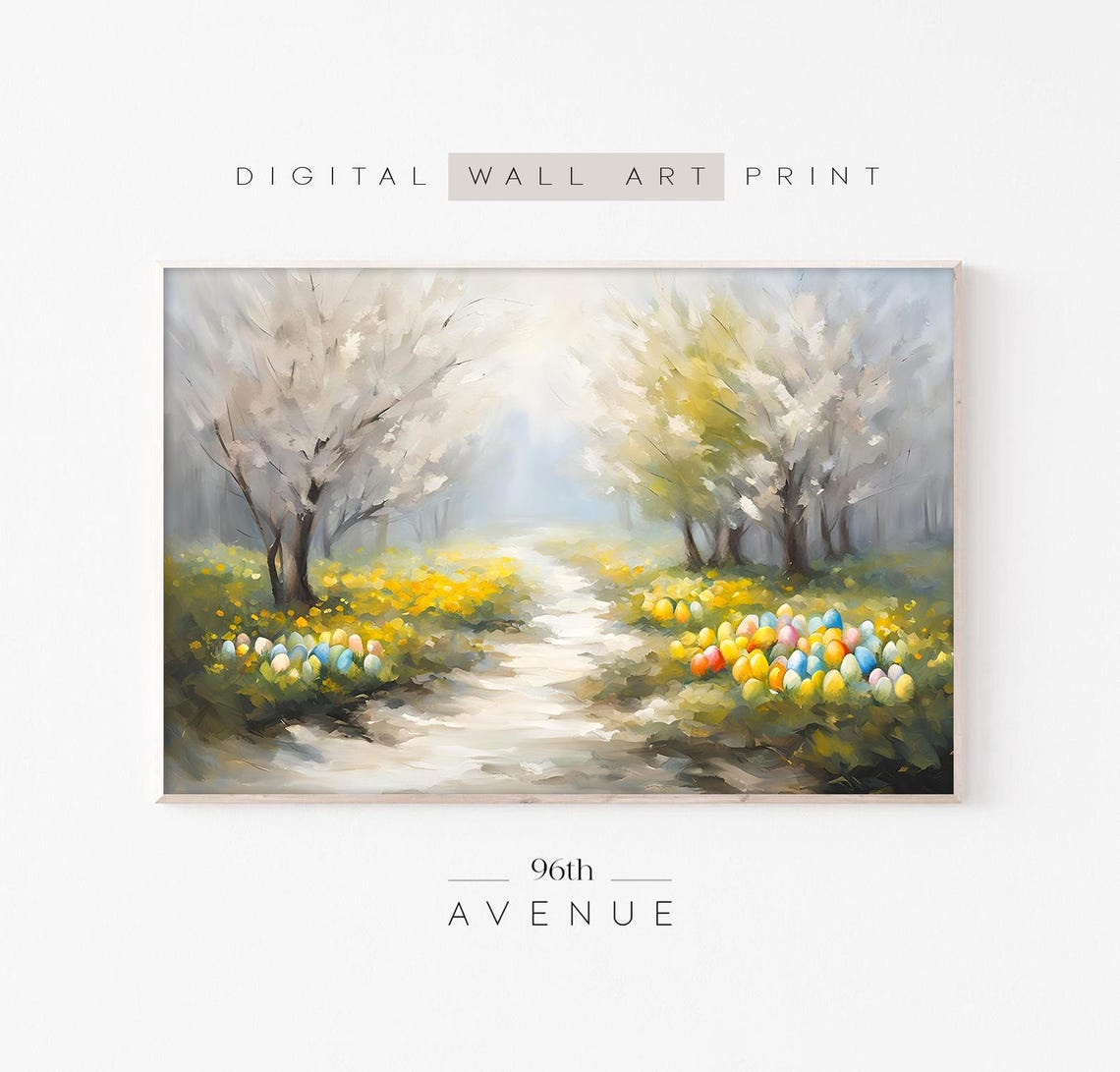 Easter Eggs Spring Meadow Path Flowering Trees Painting Poster