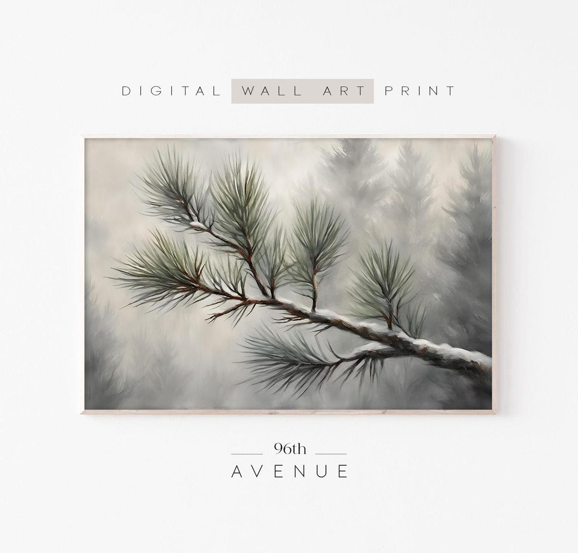 Snowy Pine Branch Winter Watercolor Painting Rustic Holiday Wall Art