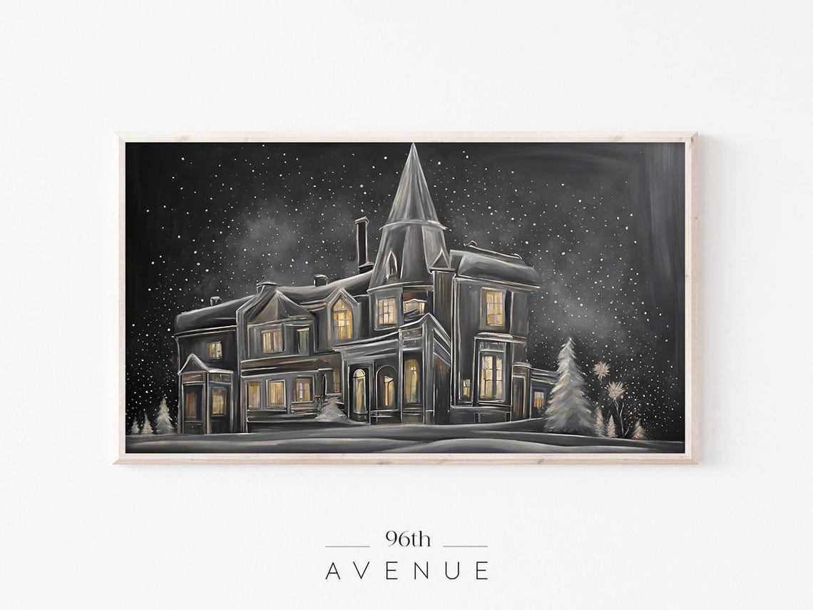 Snowy Winter Victorian House at Night With Glowing Windows Print