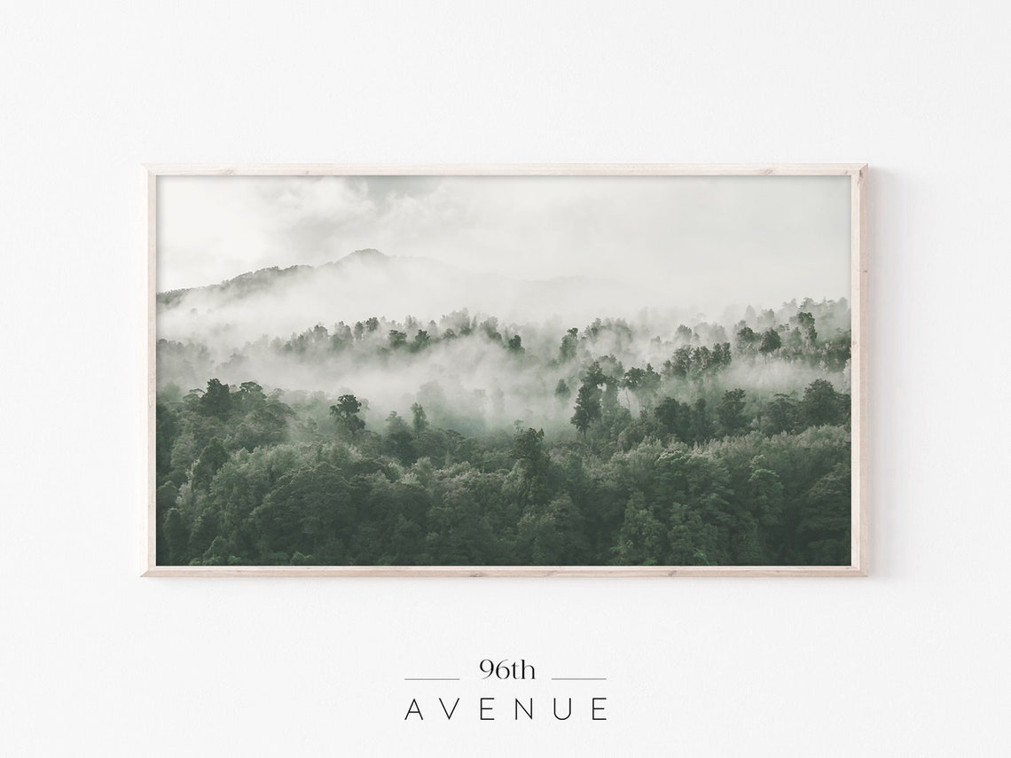 Misty Mountain Forest Canopy in Soft Gray Fog Nature Photo Poster