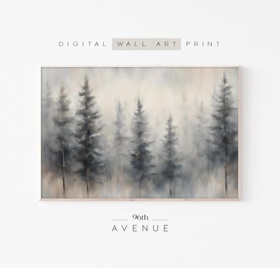 Moody Forest Landscape Painting Print Evergreen Forest Wall Art Vintage Fall Landscape Painting