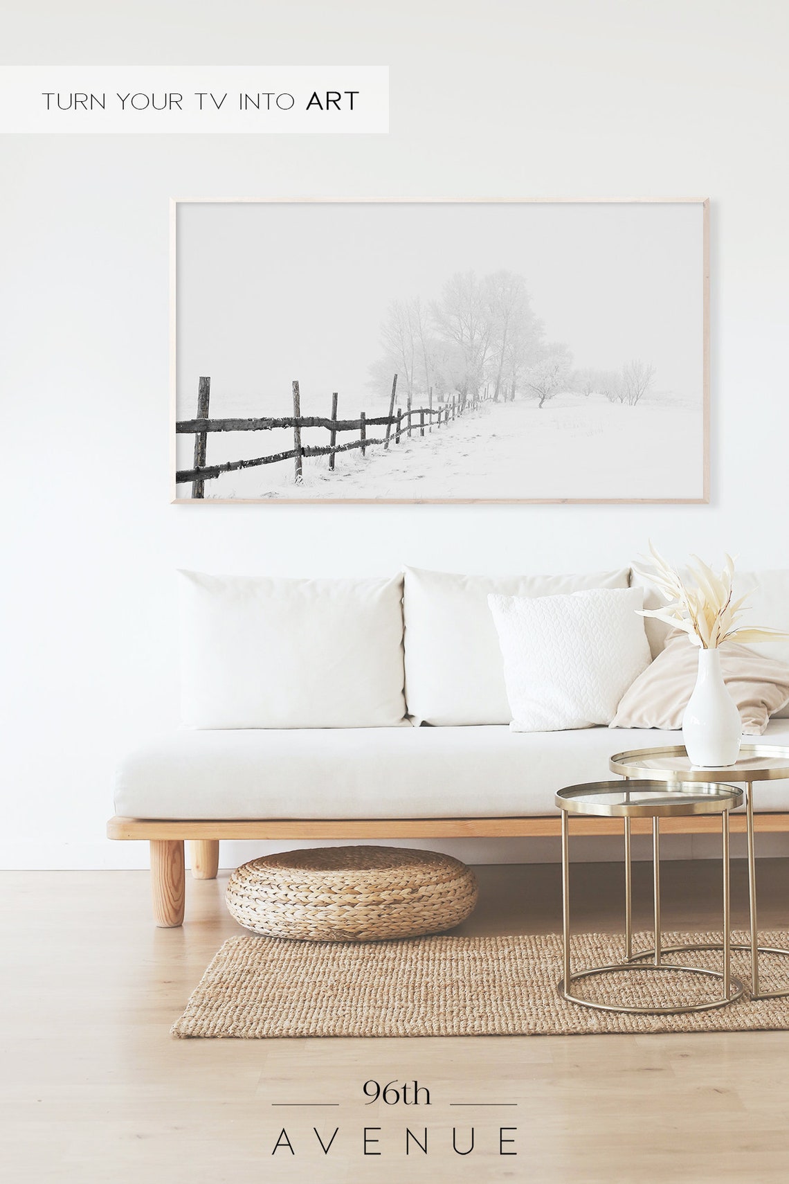 Rustic Wooden Fence in Snowy Field Foggy Winter Countryside Poster - Image 2