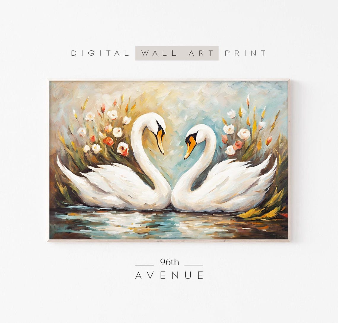 Two White Swans Forming Heart on Pond Floral Painting Art Print