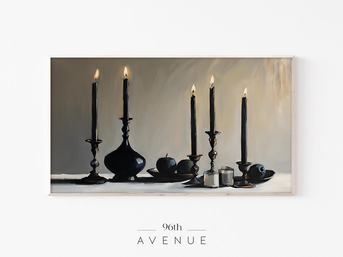 Lit Black Candlesticks Moody Still Life with Dark Elegant Decor Poster