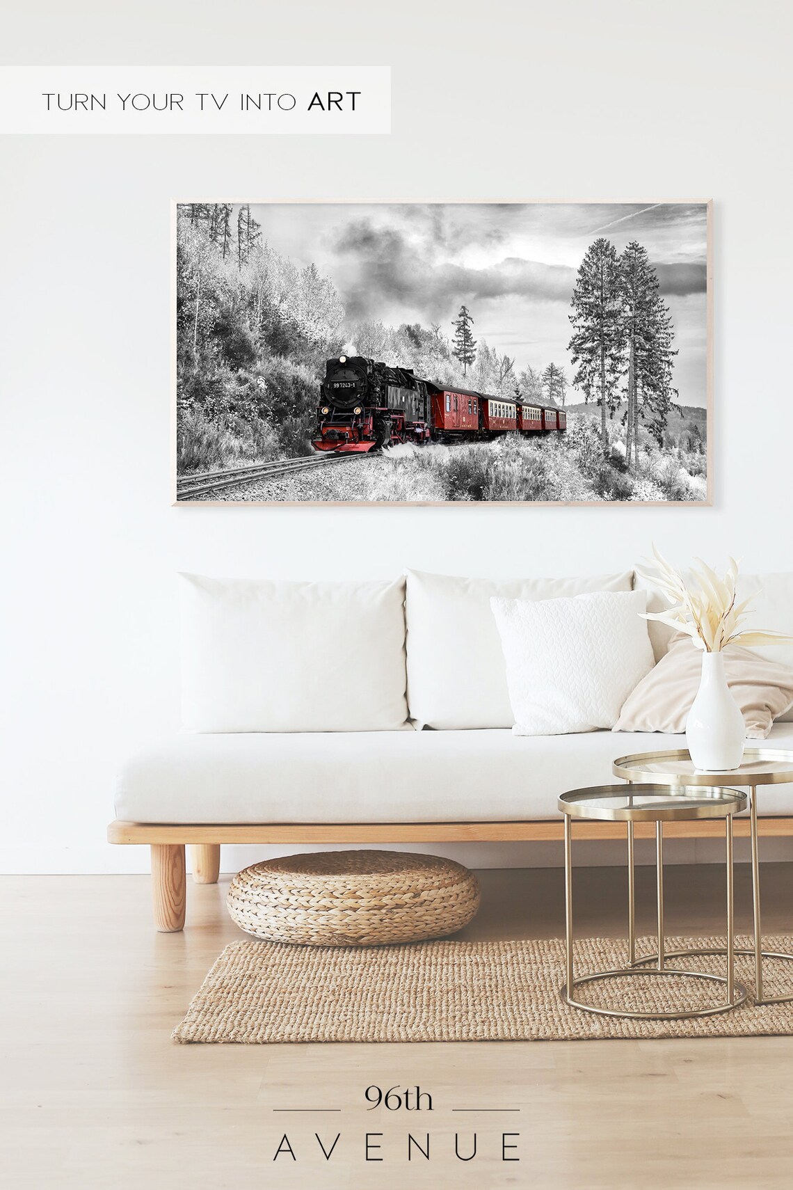 Red Train in Snowy Forest Christmas Art Print - Image 2