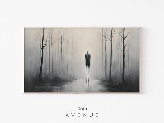 Tall Slender Figure In Foggy Forest Spooky Horror Painting Wall Art