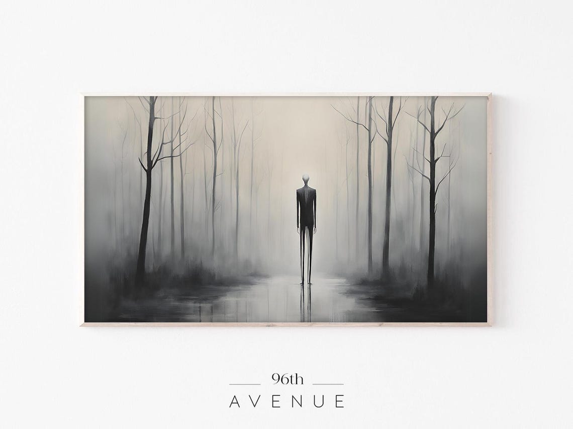 Tall Slender Figure In Foggy Forest Spooky Horror Painting Wall Art