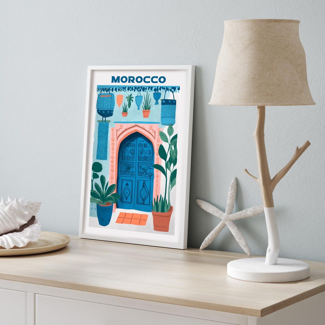 Morocco Blue Door Marrakech Lanterns Travel Illustration Poster - Image 4