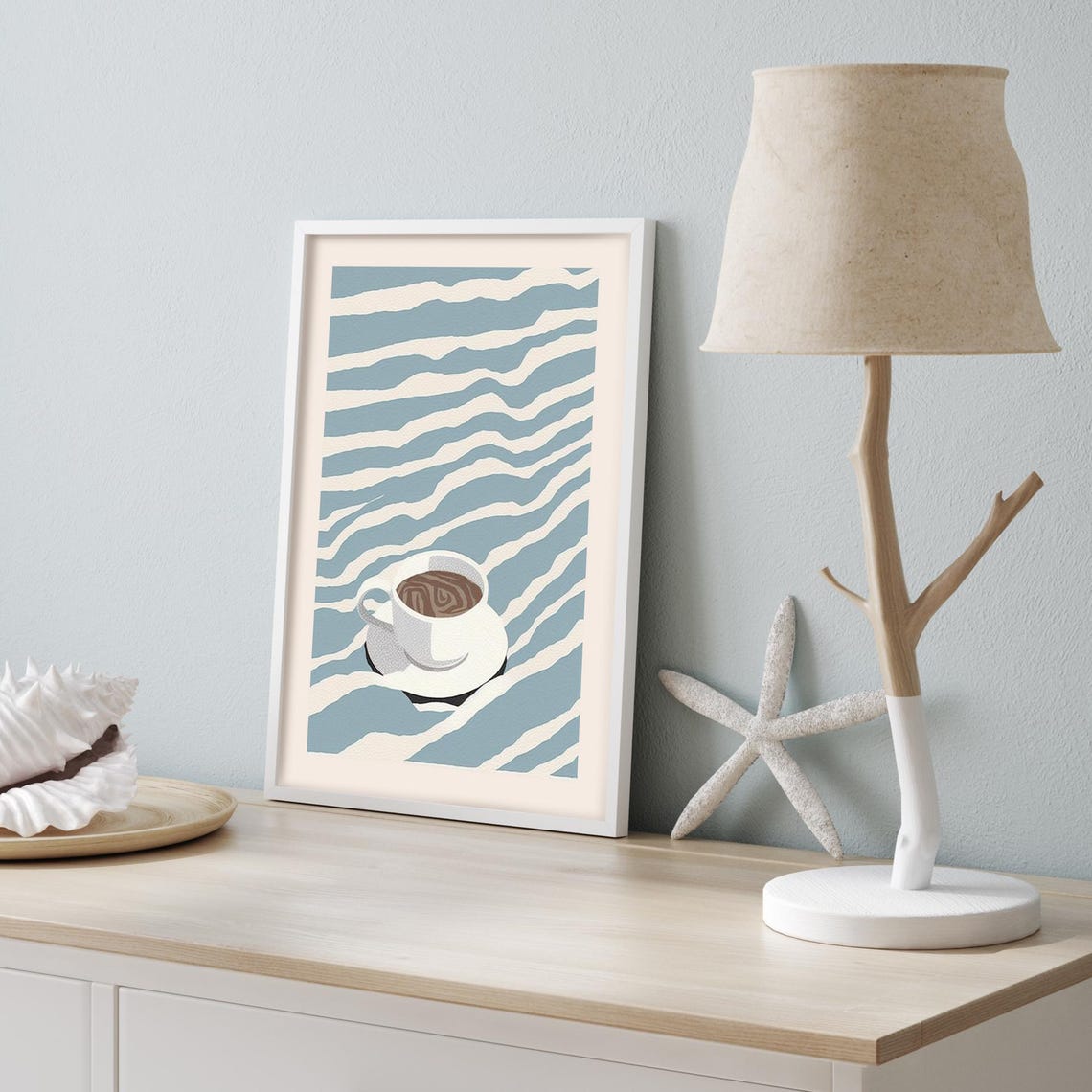 White Coffee Cup Floating on Wavy Blue Ocean Stripes Kitchen Poster - Image 2
