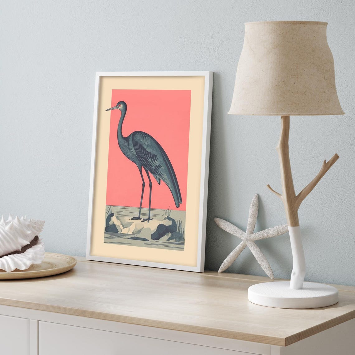 Graceful Blue Heron Standing on Blush Pink Vintage Bird Poster - Image 3