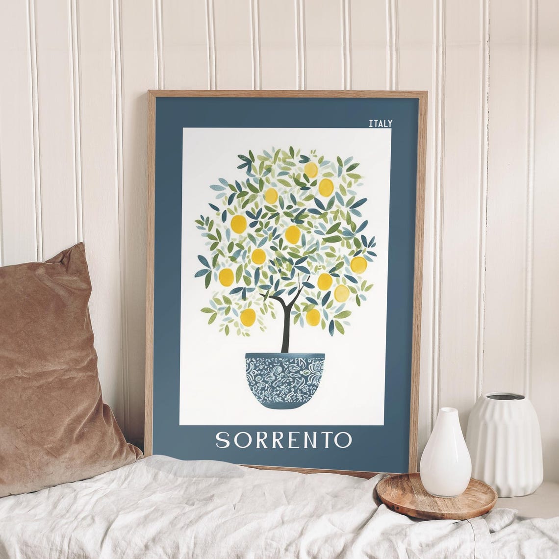 Sorrento Italy Lemon Tree Poster in a Blue Ceramic Pot Decor