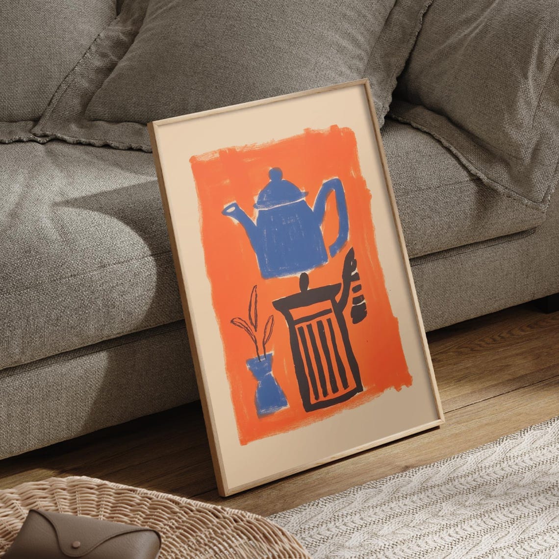 Abstract Blue Teapot Vivid Orange Kitchen Still Life Charming Poster