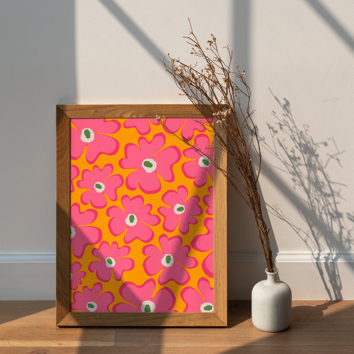 Funky Wavy Flowers Art Print, Yellow Hot Pink Floral - Image 6