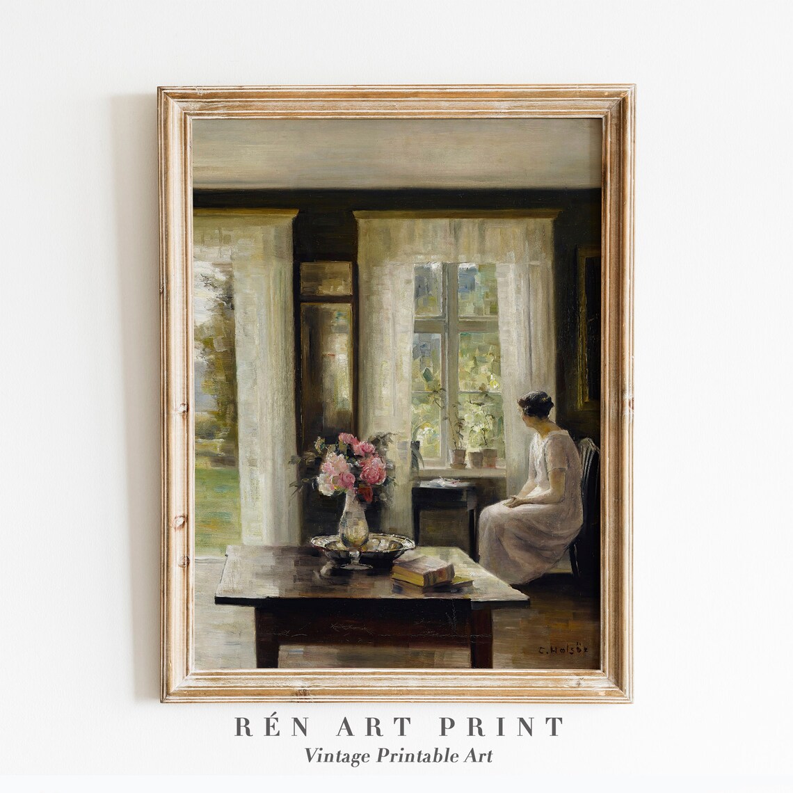 Vintage Woman Painting Print, Antique Interior Scene