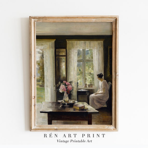 Vintage Woman Painting Print, Antique Interior Scene
