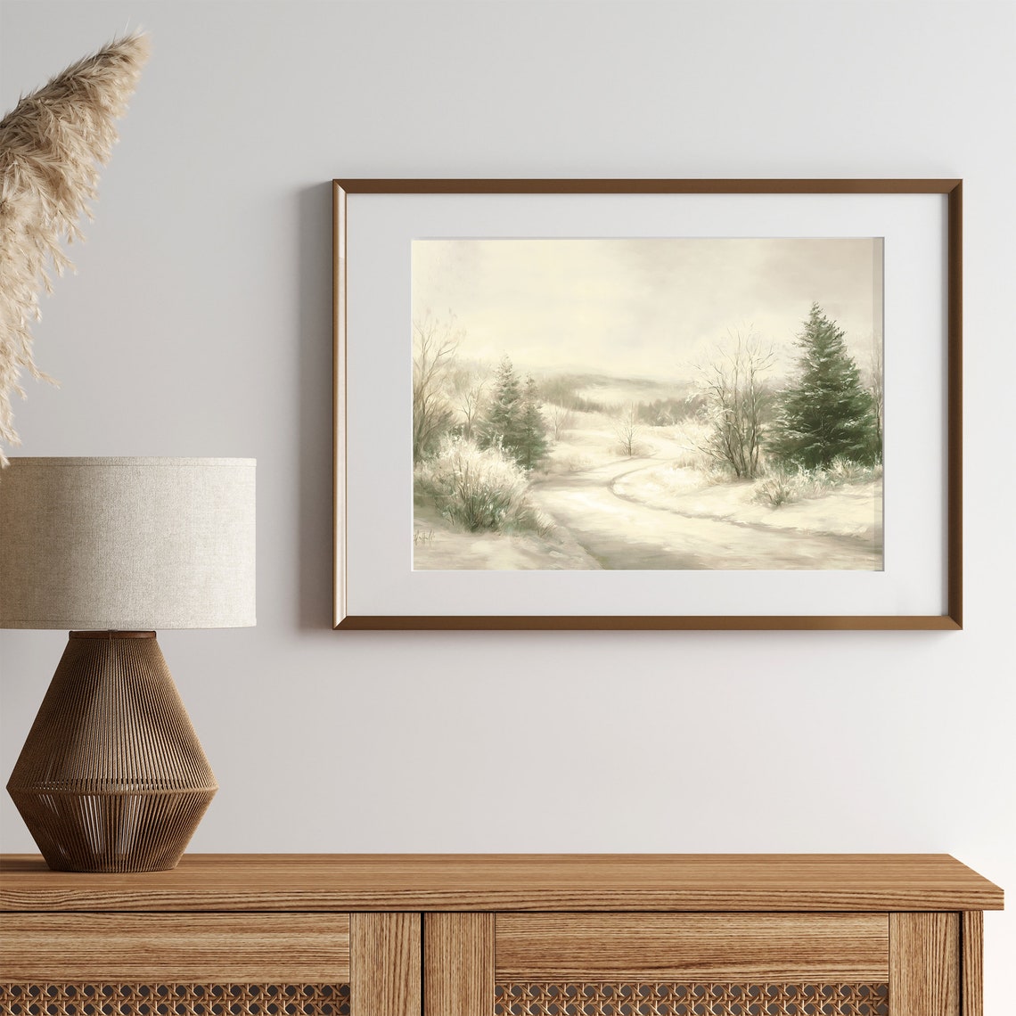 Snowy Forest Road Vintage Winter Pines Soft Neutral Landscape Poster - Image 2