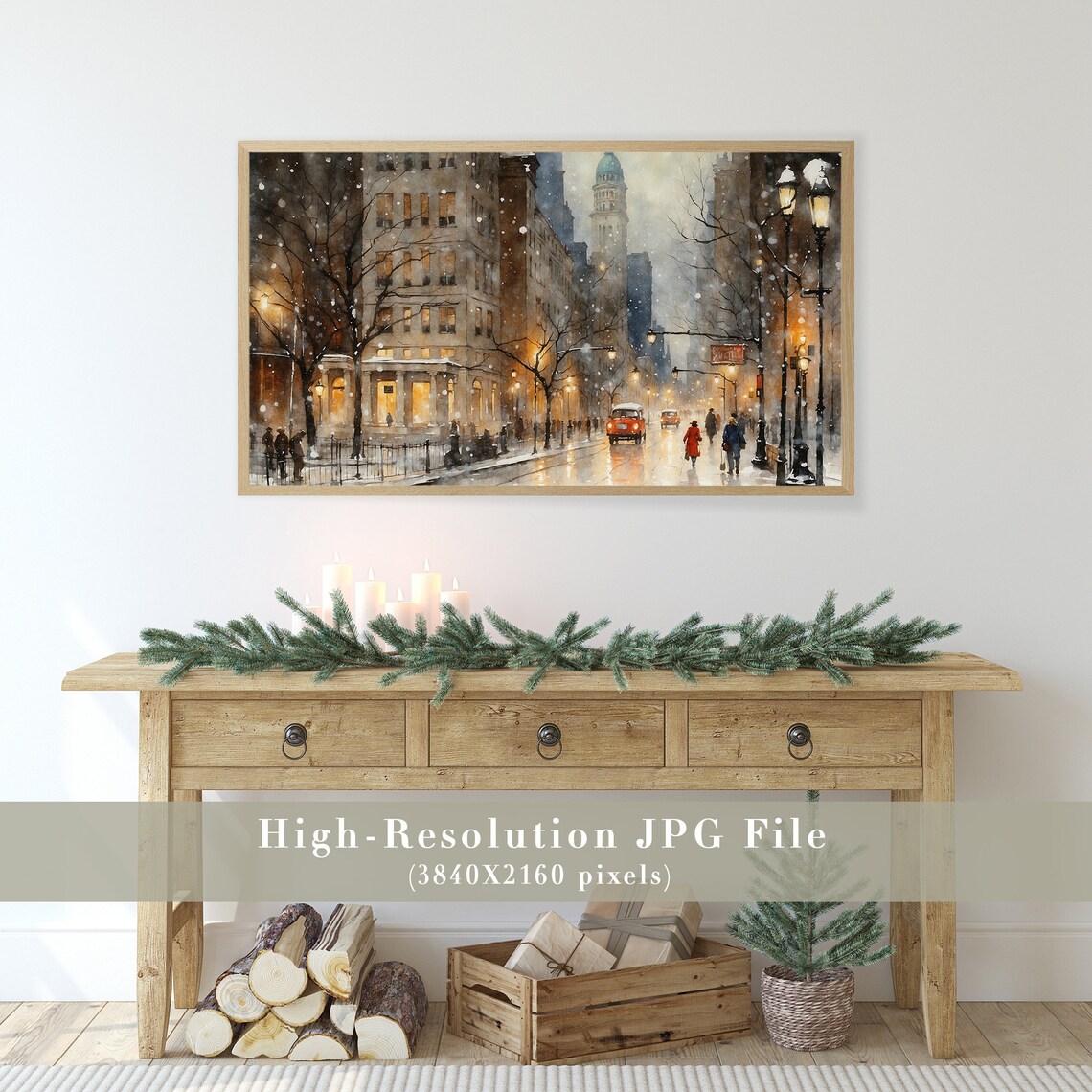 Snowy City Street at Night with Vintage Cars Winter Frame TV Poster - Image 2