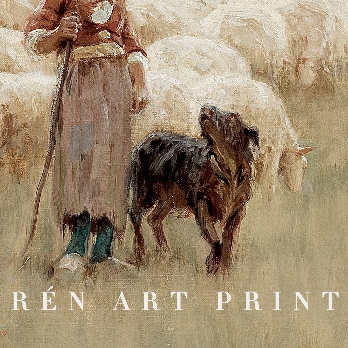 Shepherdess Girl with Sheep Flock and Dog Pastoral Vintage Poster - Image 2
