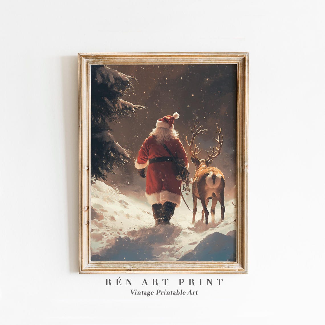 Santa Claus Reindeer Art Vintage Christmas Wall Art Antique Santa Painting Winter Holiday Wall Decor Christmas Santa Print