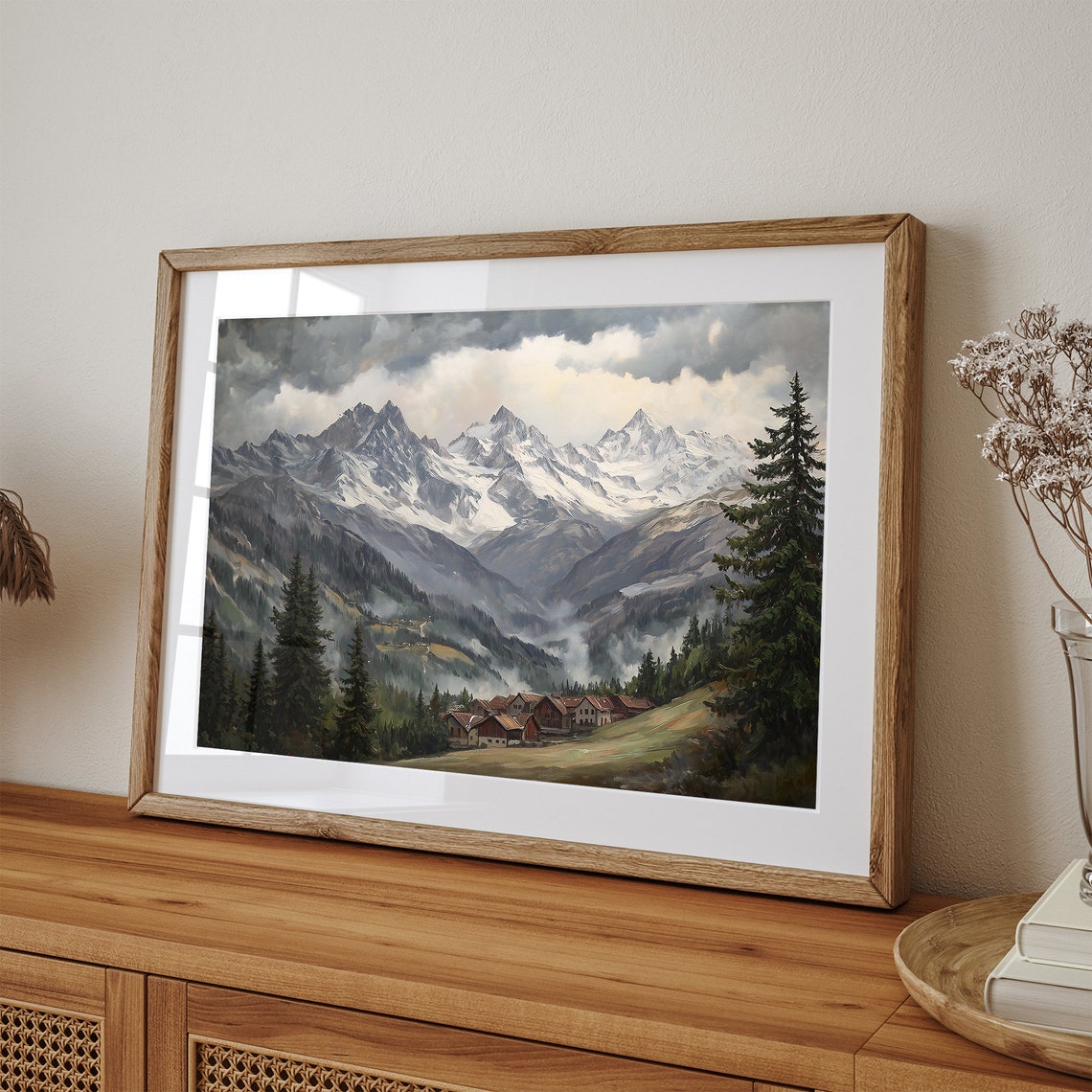 Vintage Rustic Wall Art Antique Mountain Painting Pine Tree Scenery Print Rustic Landscape Painting Holiday Decor - Image 2
