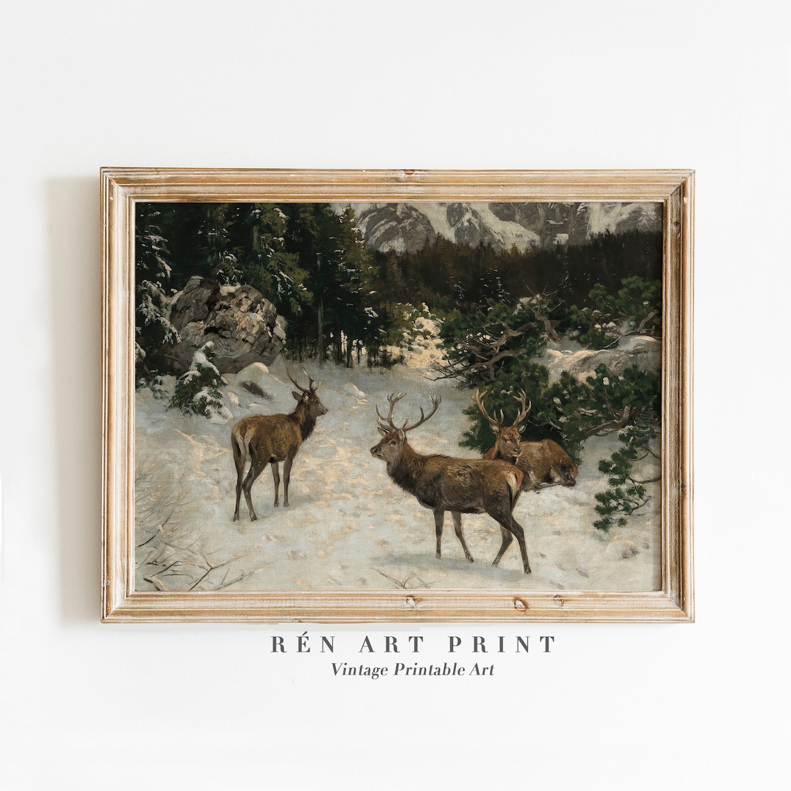 Vintage Reindeer Winter Mountain Art Print