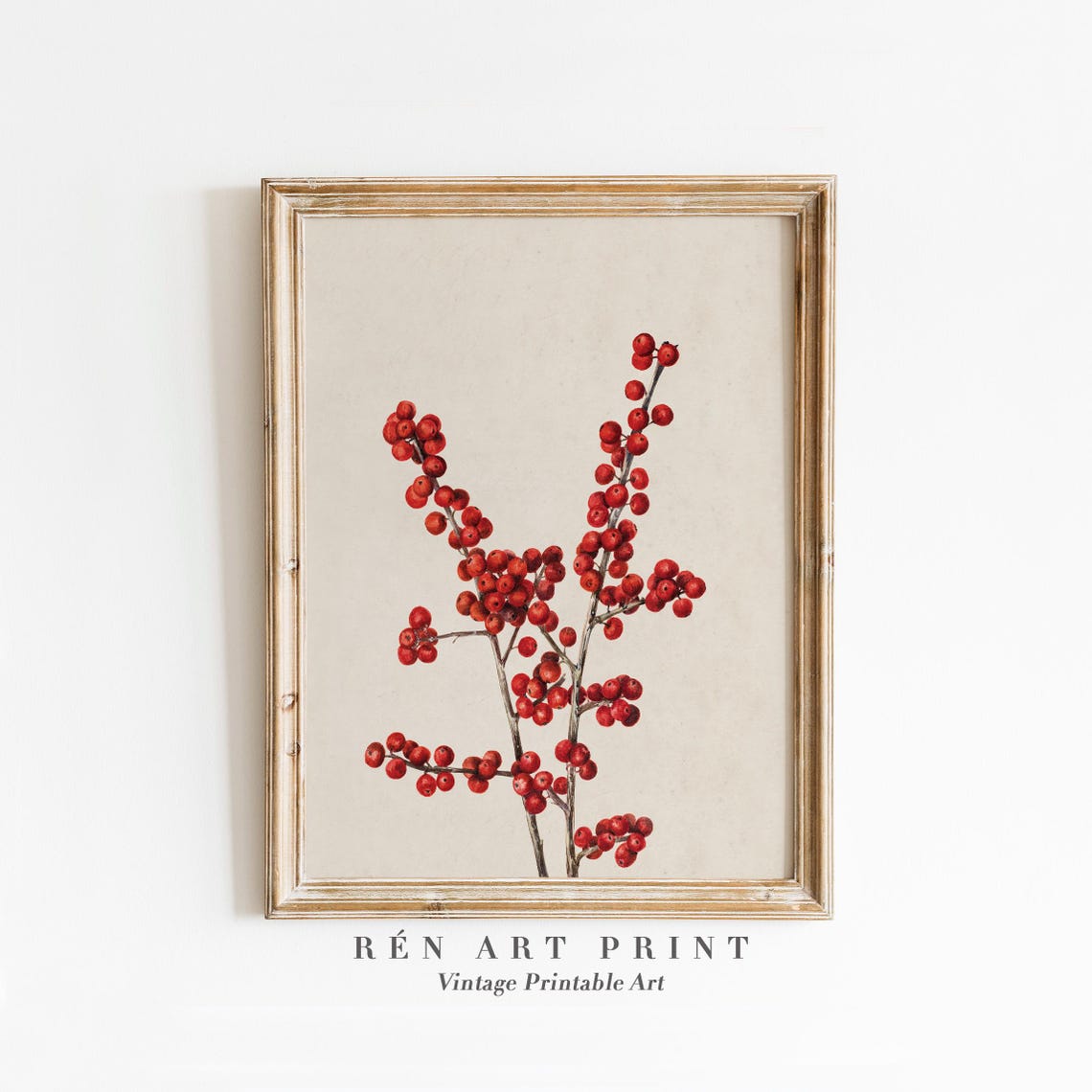 Red Winterberry Branches Vintage Botanical Christmas Art Print