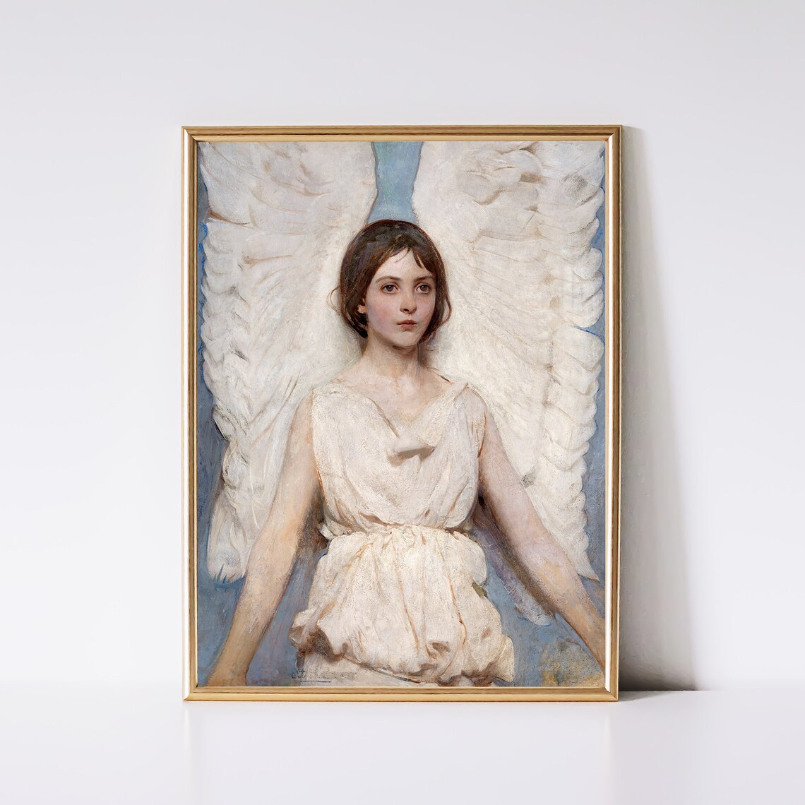 Vintage Angel Portrait White Wings Young Woman Soft Blue Classic Art Poster - Image 2