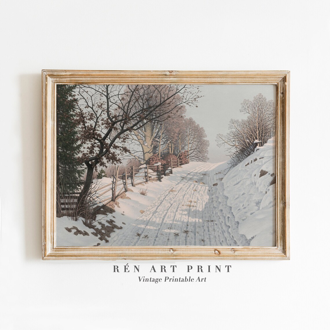 Quiet Snowy Country Road Winter Lane Fence Vintage Rustic Print