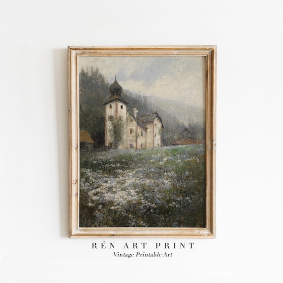 Old Chapel Tower in Alpine Meadow Vintage Landscape Oil Painting Print