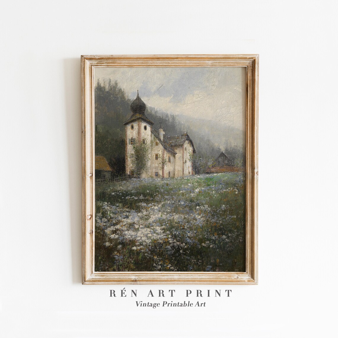 Old Chapel Tower in Alpine Meadow Vintage Landscape Oil Painting Print