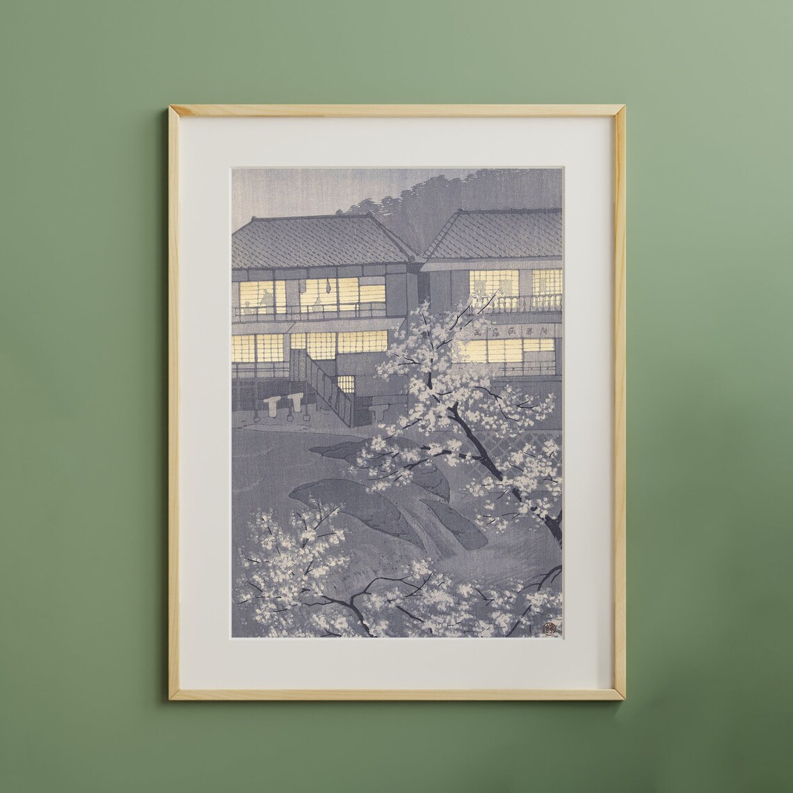 Japanese Woodblock Cherry Blossom Inn Night Vintage Asian Art Poster - Image 2