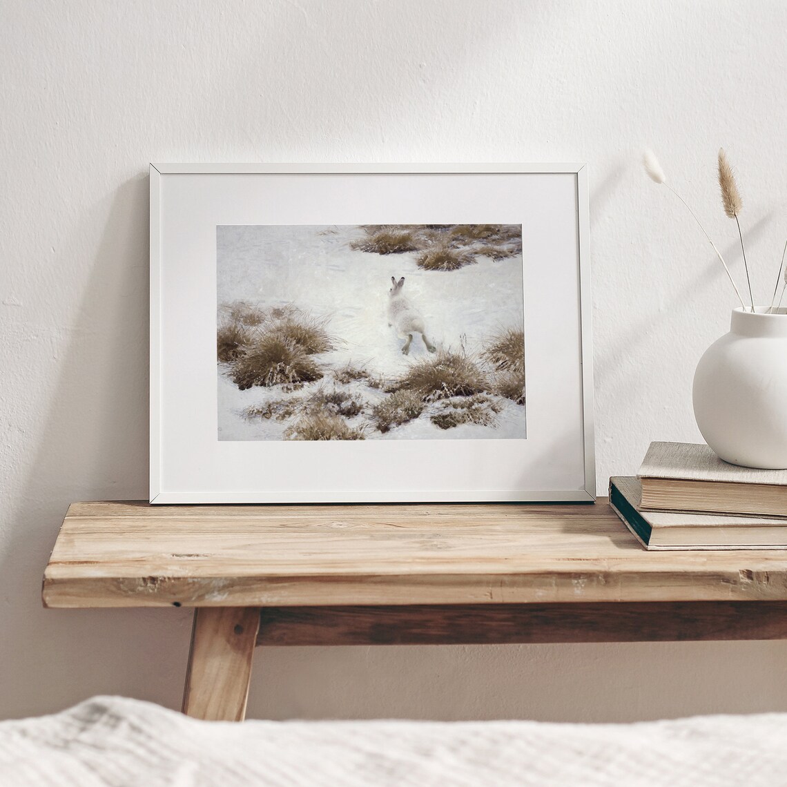 White Rabbit in Snowy Winter Field Vintage Wildlife Art Print - Image 2