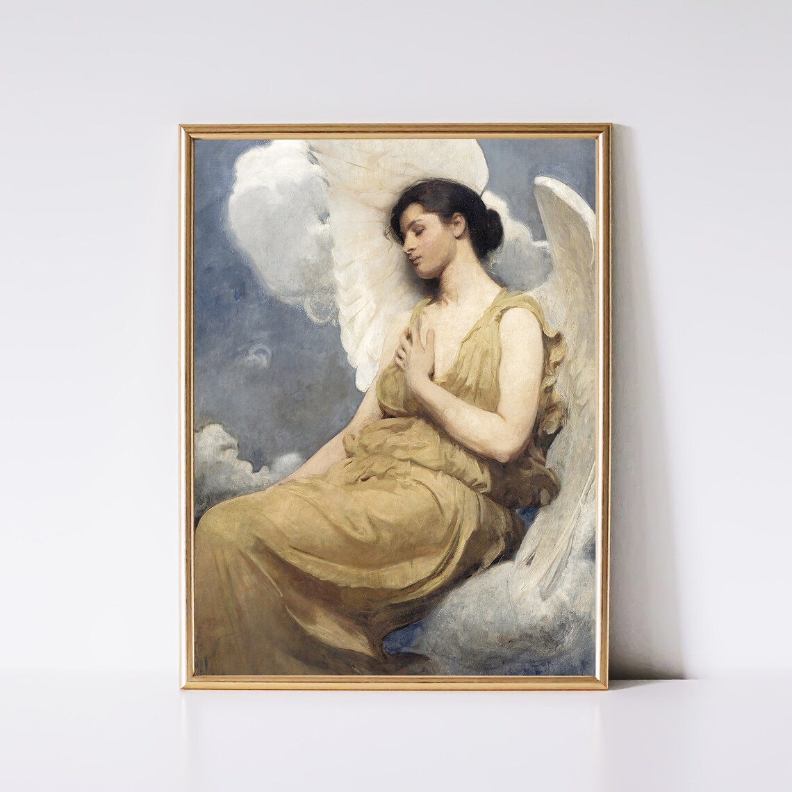 Serene Resting Angel with Golden Wings Antique Religious Art Poster - Image 2