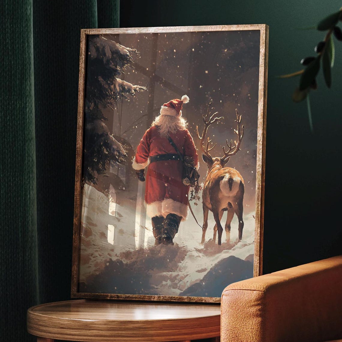 Santa Claus Reindeer Art Vintage Christmas Wall Art Antique Santa Painting Winter Holiday Wall Decor Christmas Santa Print - Image 3