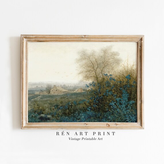 Muted Countryside Farmhouse Vintage Misty Field Distant Hills Poster