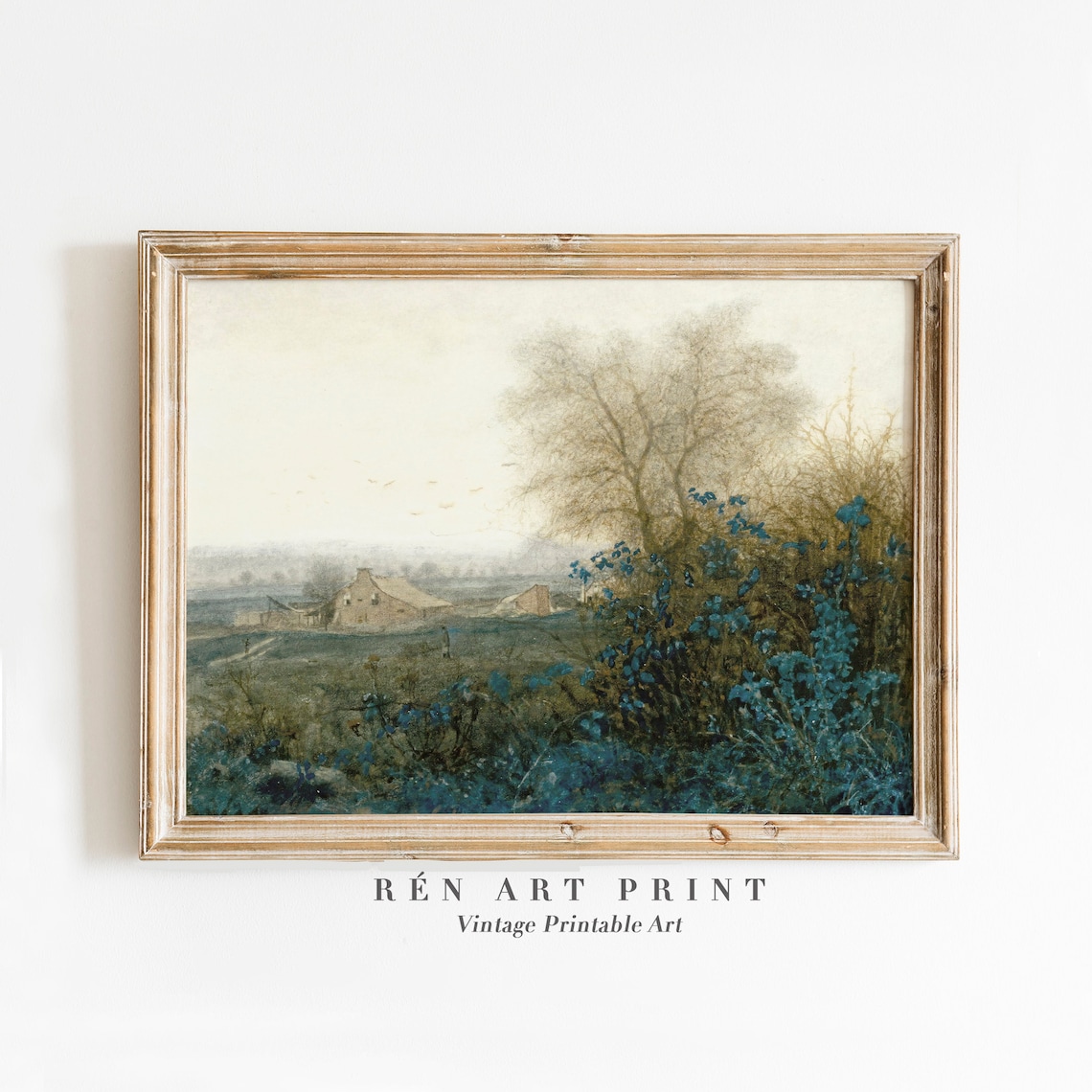Muted Countryside Farmhouse Vintage Misty Field Distant Hills Poster