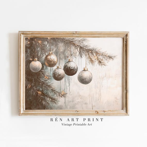 Christmas Ornaments Art Print, Neutral Farmhouse Decor