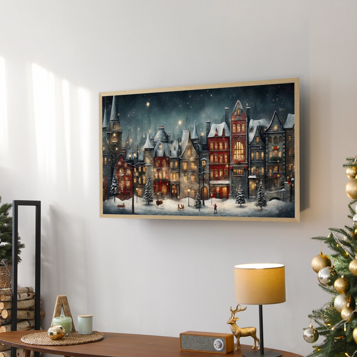 Christmas Town Night Glowing Windows Snowy Street Vintage Print - Image 2