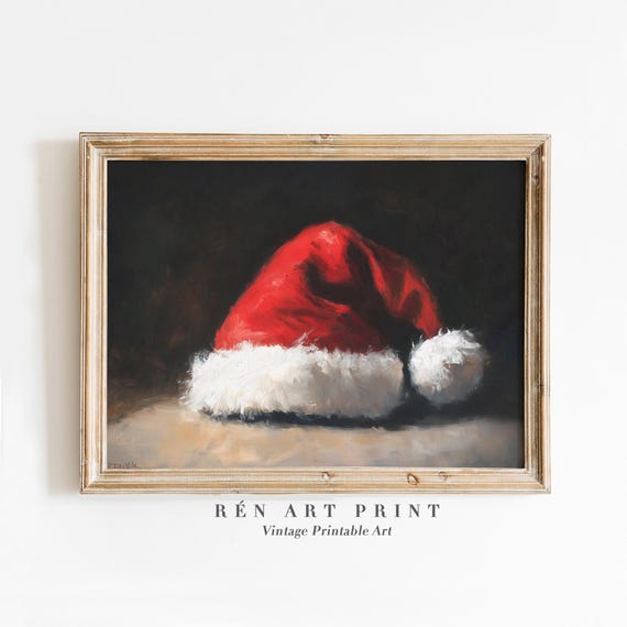 Santa Hat Vintage Christmas Art Print, Rustic Holiday