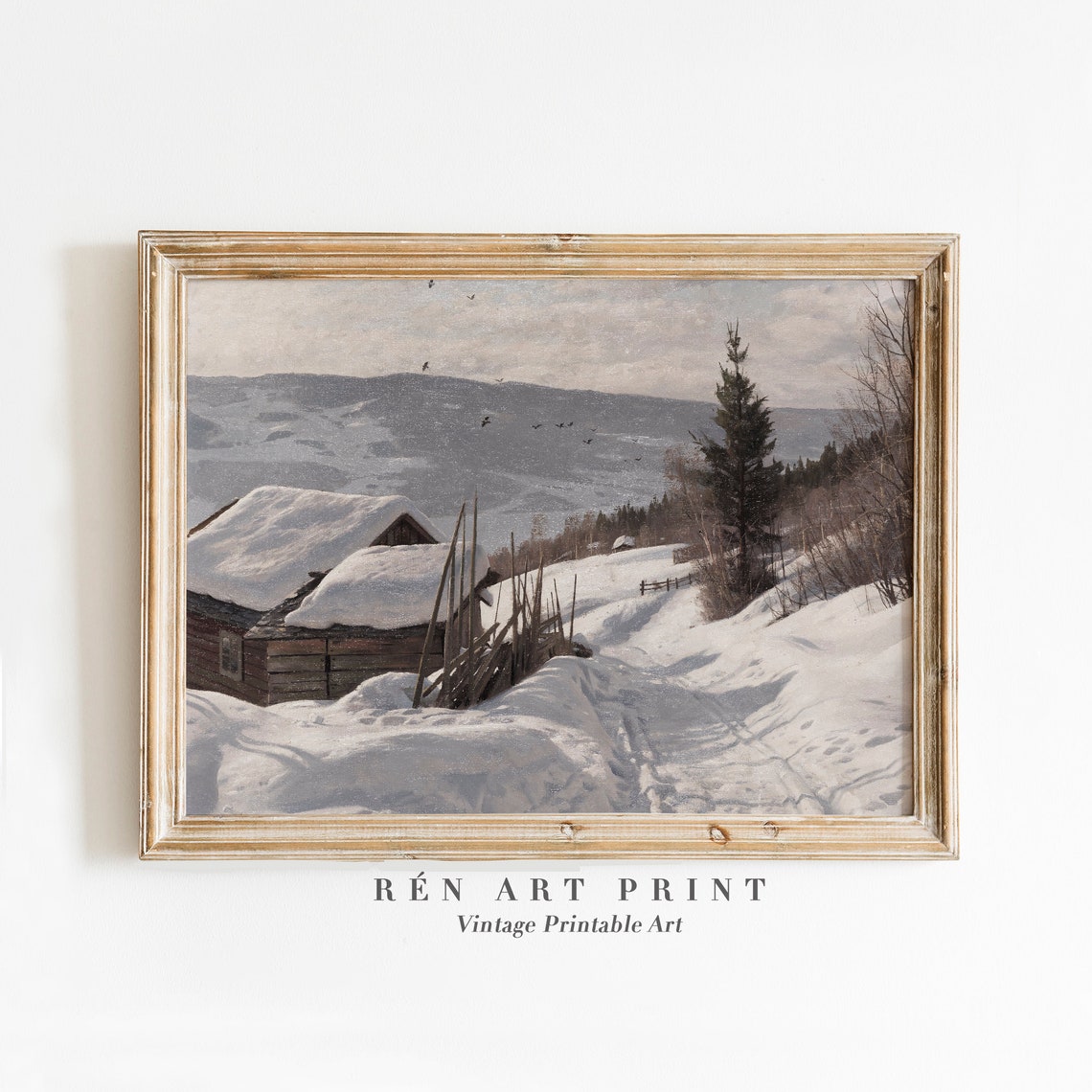 Vintage Winter Painting Wall Art Farmhouse Holiday Decor Christmas Wall Art Snowy Landscape Painting Antique Winter Print