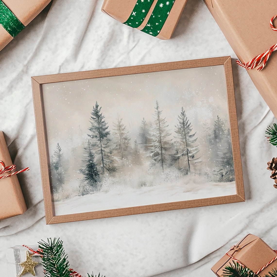 Snowy Pine Forest in Falling Snow Minimalist Winter Art Print - Image 2