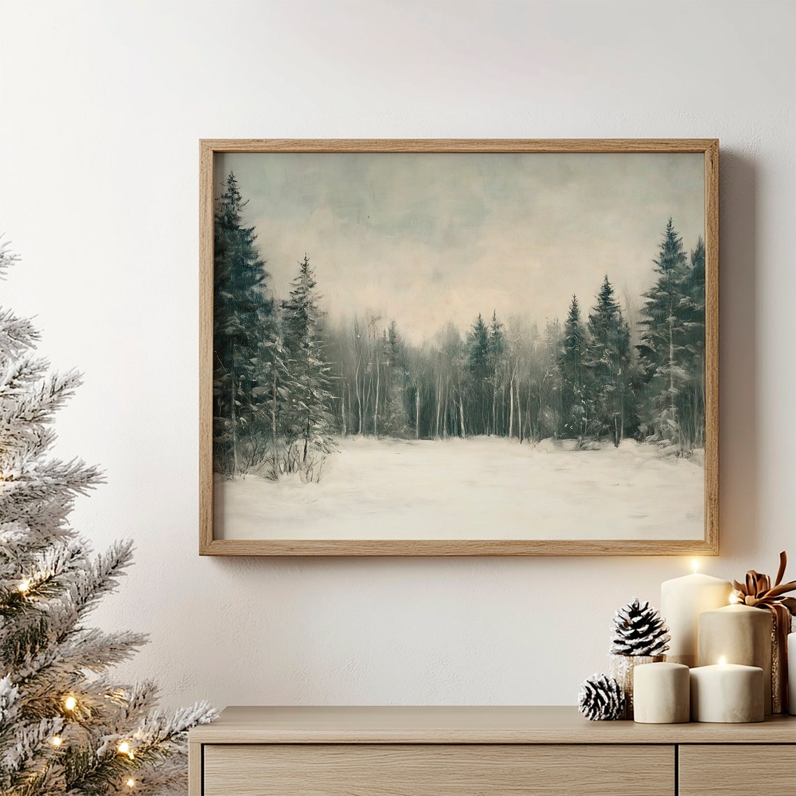 Snowy Pine Forest Clearing Muted Winter Landscape Oil Painting Print - Image 2
