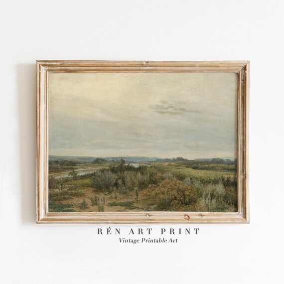 Peaceful Green Valley River Plain Countryside Vintage Wall Art