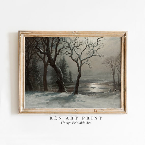 Moody Winter Print Rustic Christmas Wall Art Vintage Farmhouse Wall Decor Dark Neutral Winter Landscape Print Art