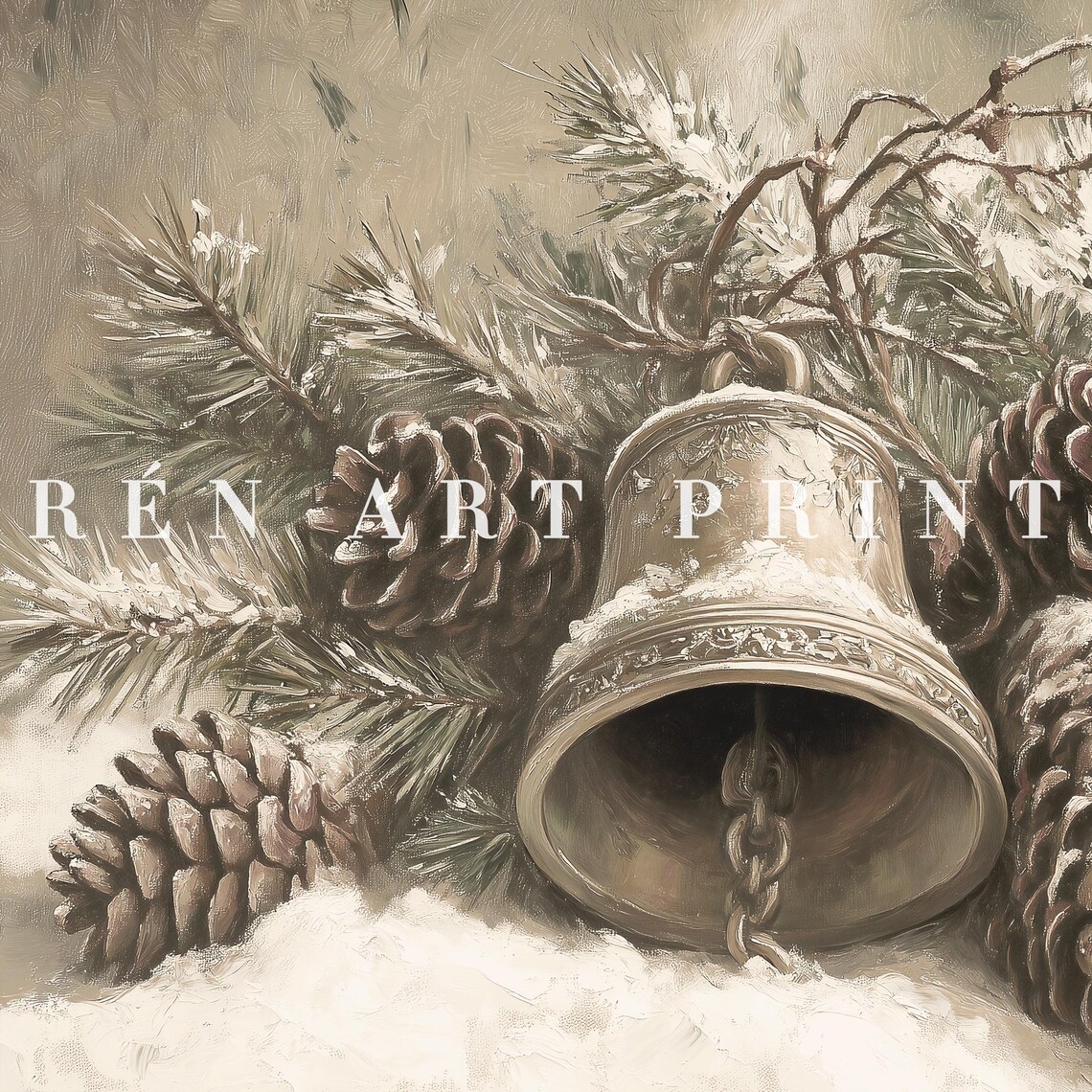 Christmas Bell Pine Cones Snowy Still Life Vintage Holiday Print - Image 3