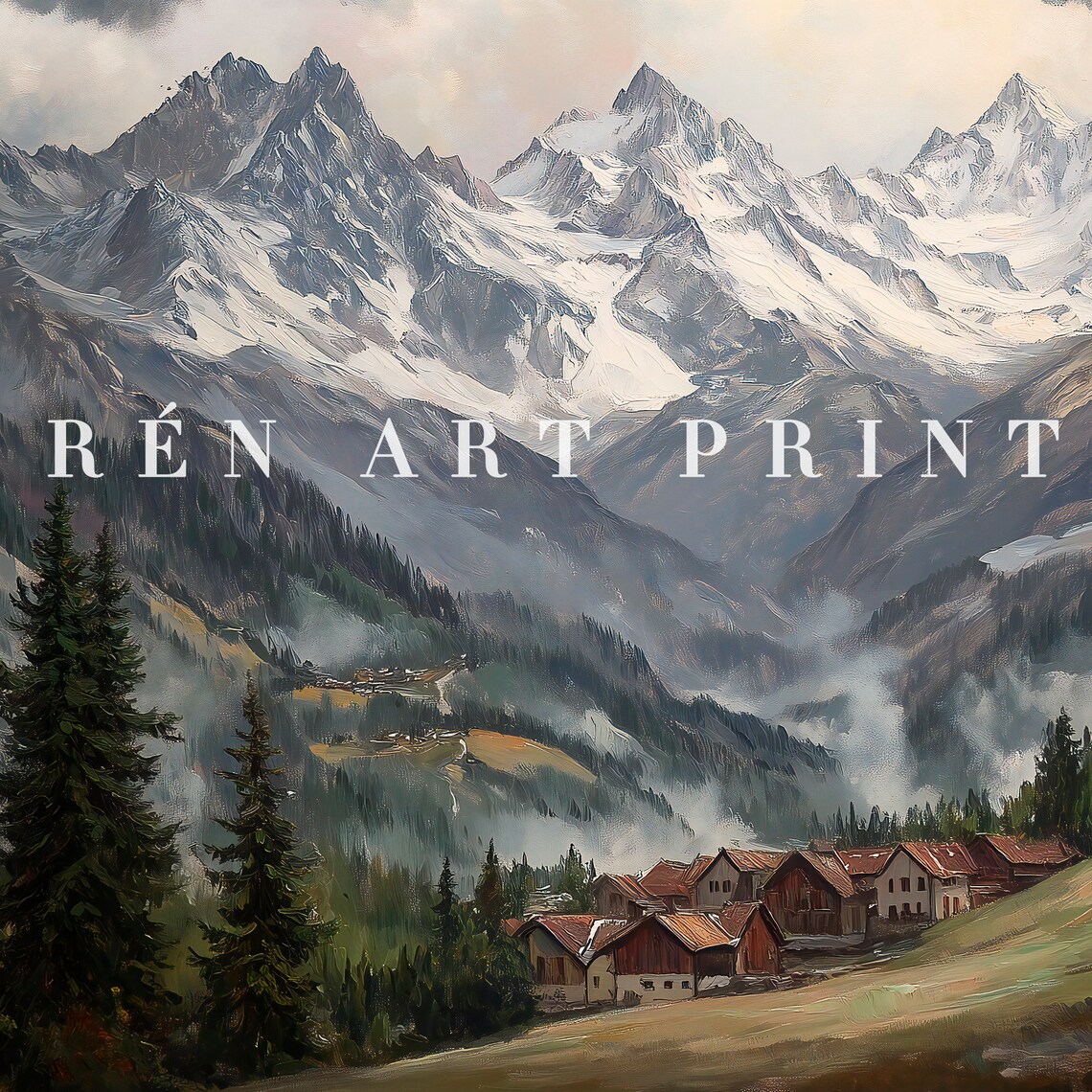 Snowy Alpine Mountain Valley Vintage Oil Painting Landscape Print - Image 3