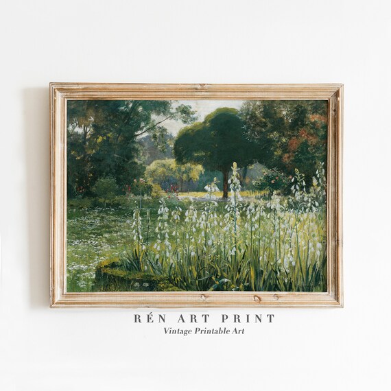 Sunlit Garden Meadow with Tall White Blossoms Vintage Floral Art Print