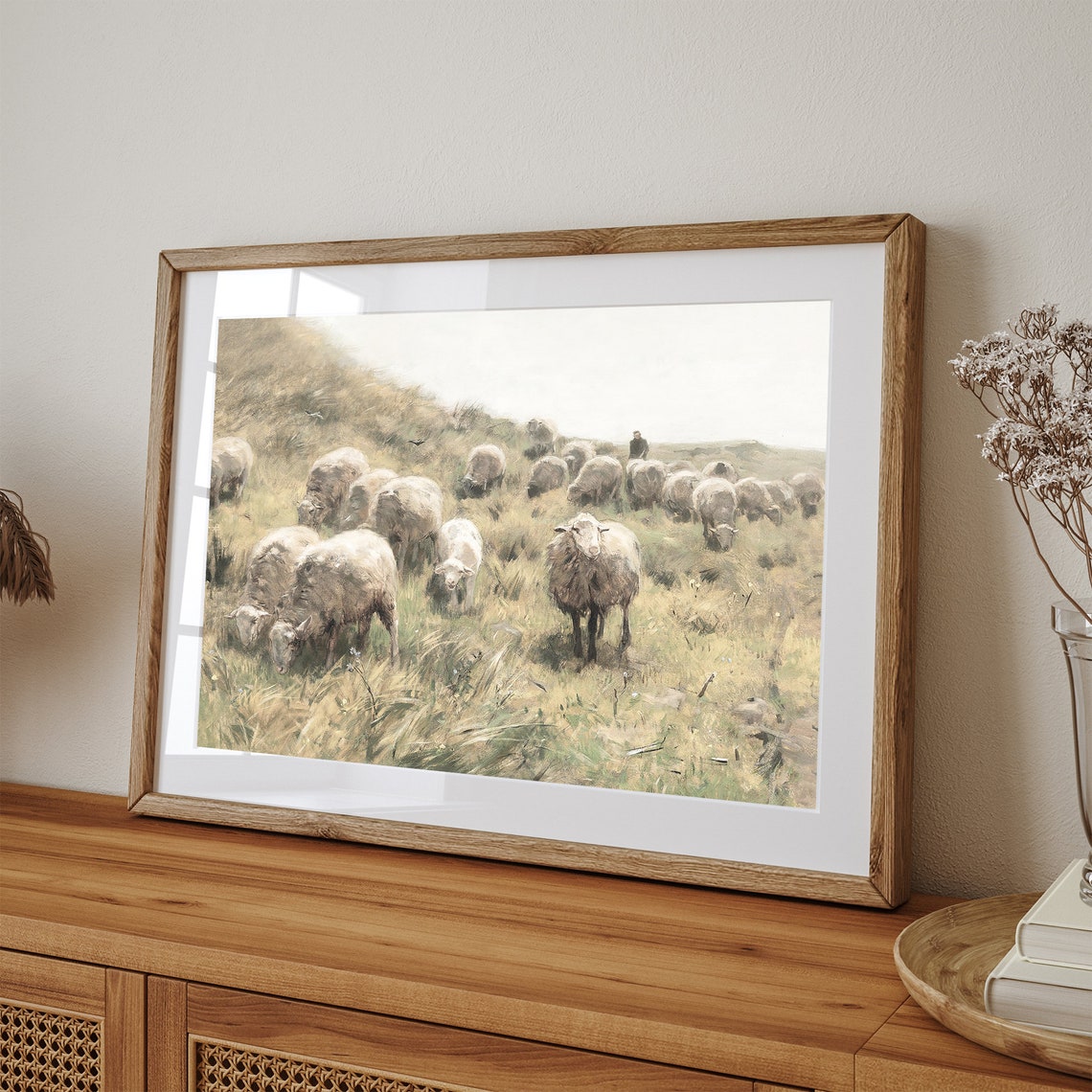 Sheep Flock Grazing on Green Hill Antique Pastoral Art Poster - Image 3