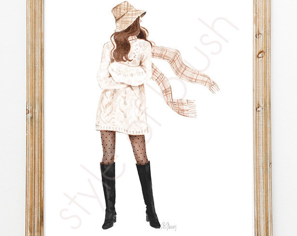 Fall Cable Knit Dress with Plaid Scarf Fashion Girl Watercolor Poster