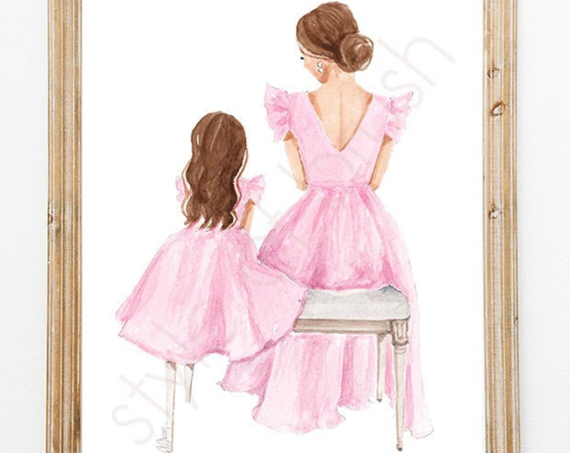 Brunette Mother and Daughter in Pink Ruffle Dresses Seated Poster - Image 2